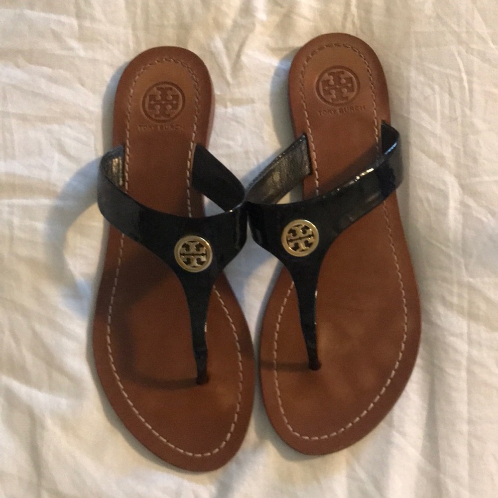 Tory Burch black flip flops w gold detail